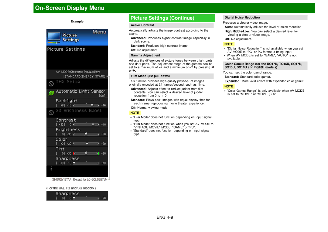 Sharp LC60EQ10U manual Active Contrast Digital Noise Reduction, Gamma Adjustment, Film Mode 32 pull-down 