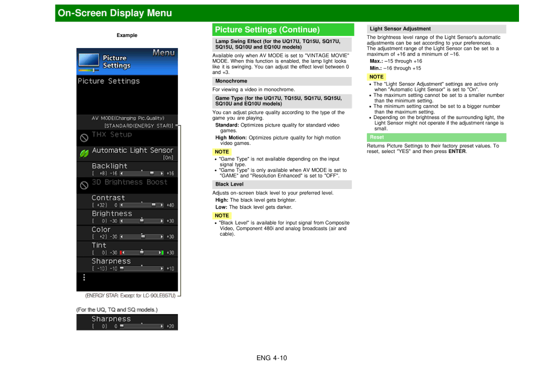 Sharp LC60EQ10U manual Monochrome, Black Level, Reset 