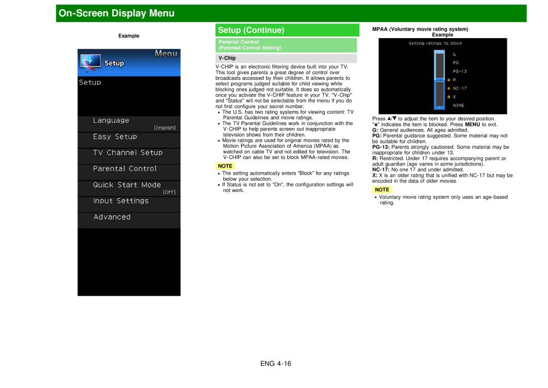 Sharp LC60EQ10U manual Parental Control Parental Control Setting, Chip Mpaa Voluntary movie rating system Example 
