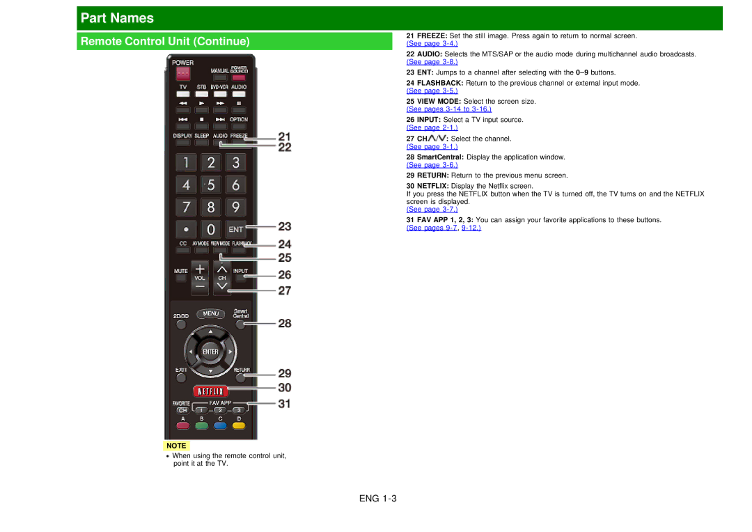 Sharp LC60EQ10U manual Remote Control Unit Continue, See pages 3-14 to 