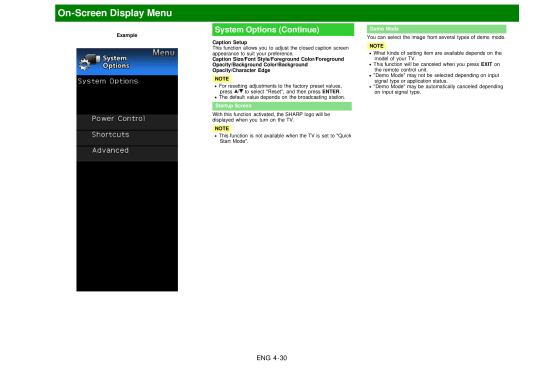 Sharp LC60EQ10U manual Demo Mode, Caption Setup, Startup Screen 