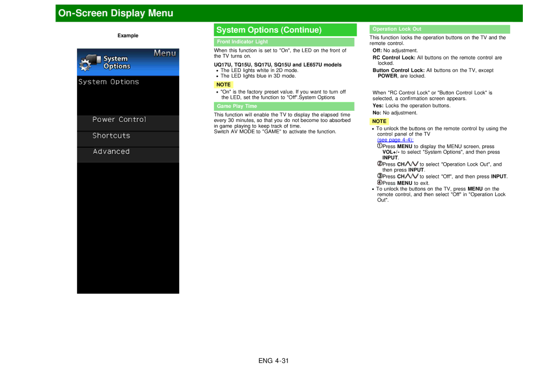 Sharp LC60EQ10U Front Indicator Light Operation Lock Out, UQ17U, TQ15U, SQ17U, SQ15U and LE657U models, Game Play Time 