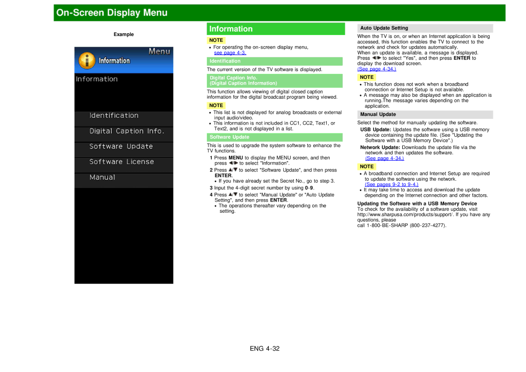 Sharp LC60EQ10U manual Identification, Digital Caption Info Digital Caption Information, Software Update 