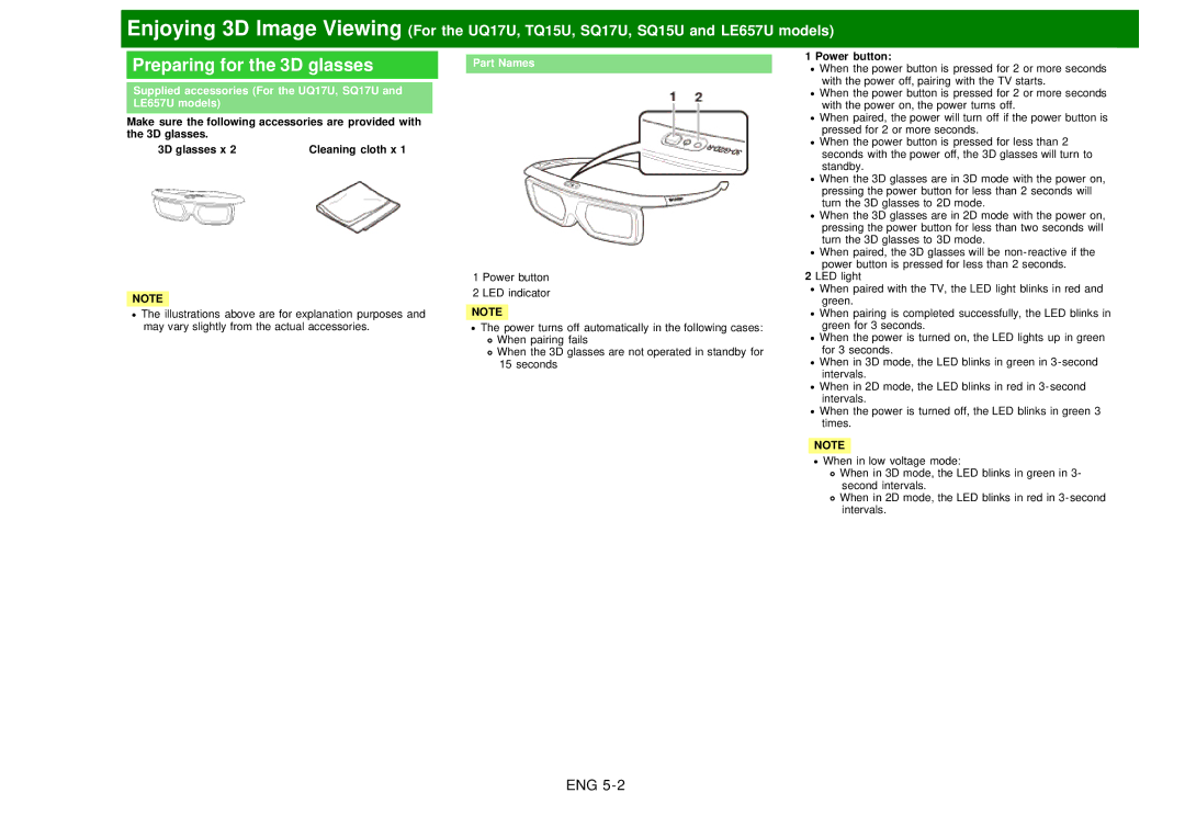 Sharp LC60EQ10U Preparing for the 3D glasses, Supplied accessories For the UQ17U, SQ17U and LE657U models, Part Names 