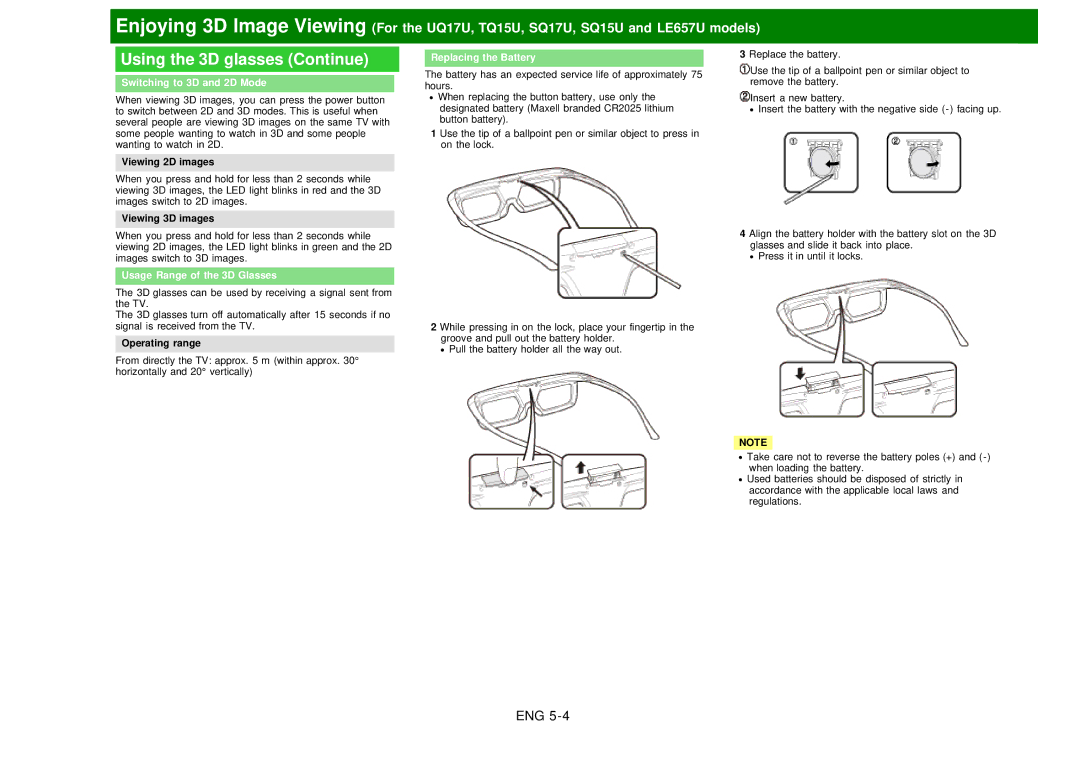 Sharp LC60EQ10U manual Using the 3D glasses Continue, Switching to 3D and 2D Mode, Usage Range of the 3D Glasses 