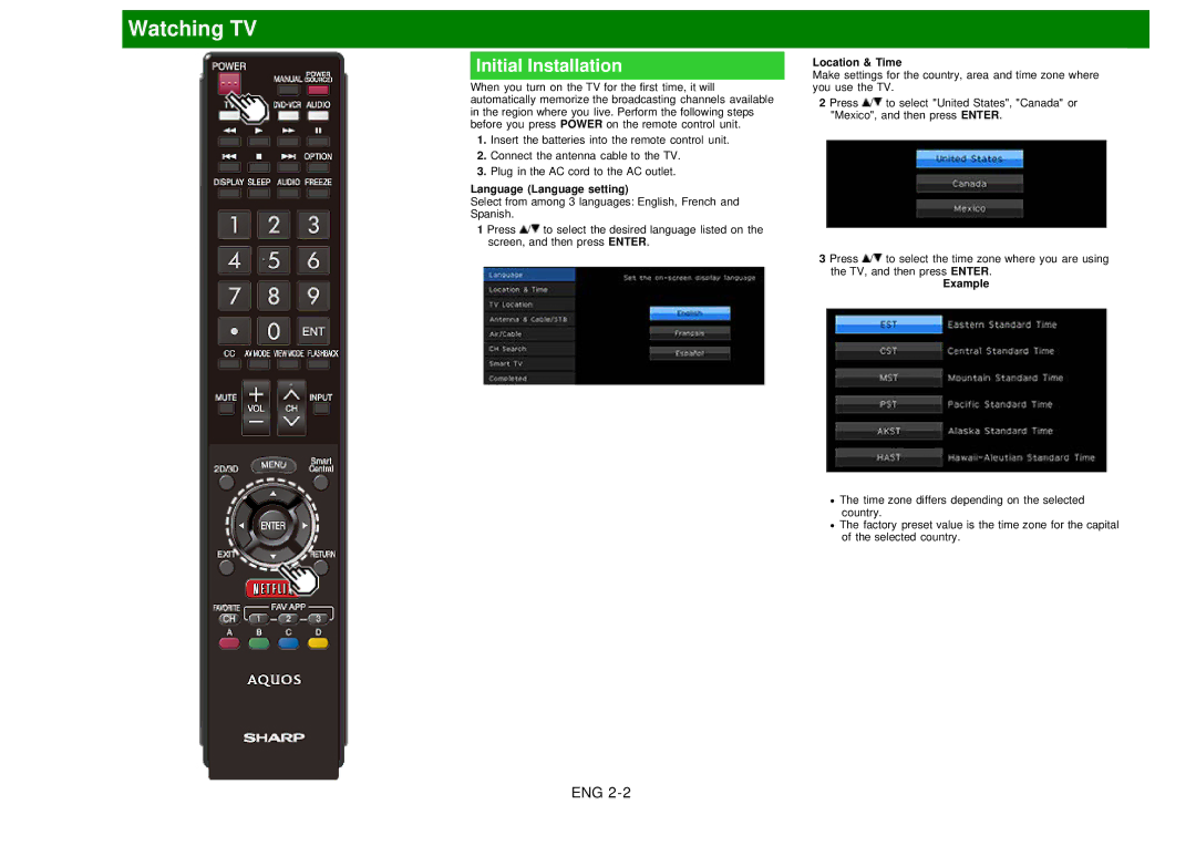 Sharp LC60EQ10U manual Initial Installation, Language Language setting, Location & Time, Example 