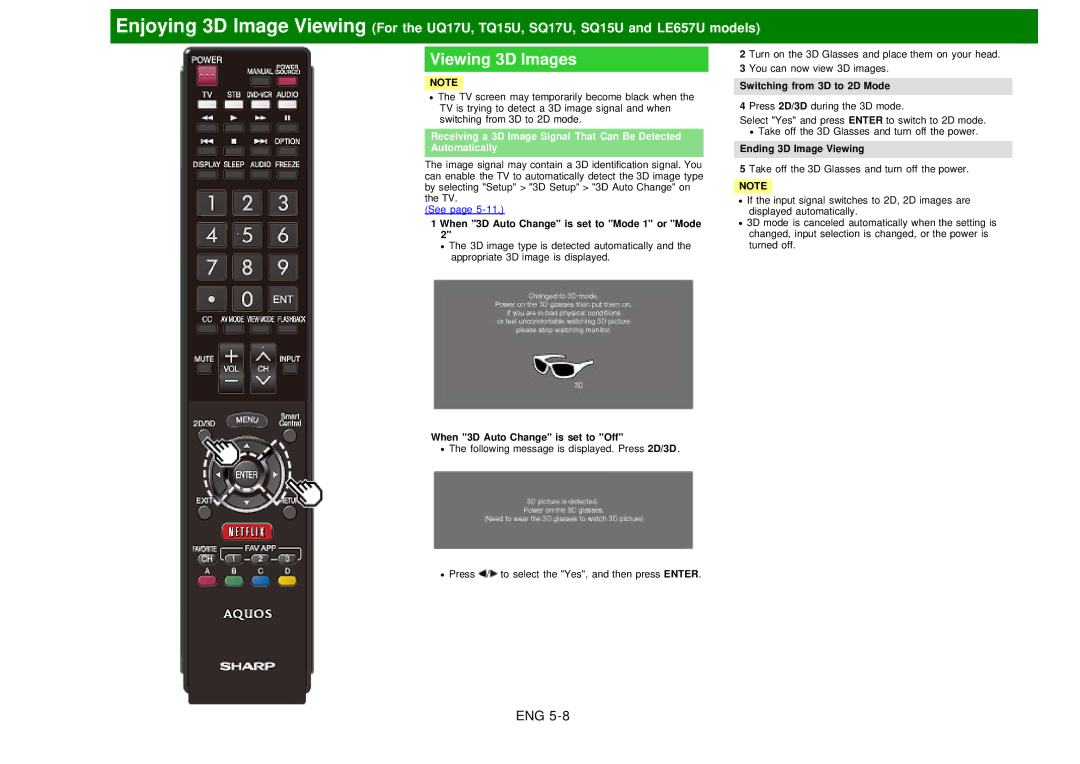 Sharp LC60EQ10U manual Viewing 3D Images, When 3D Auto Change is set to Mode 1 or Mode, Switching from 3D to 2D Mode 