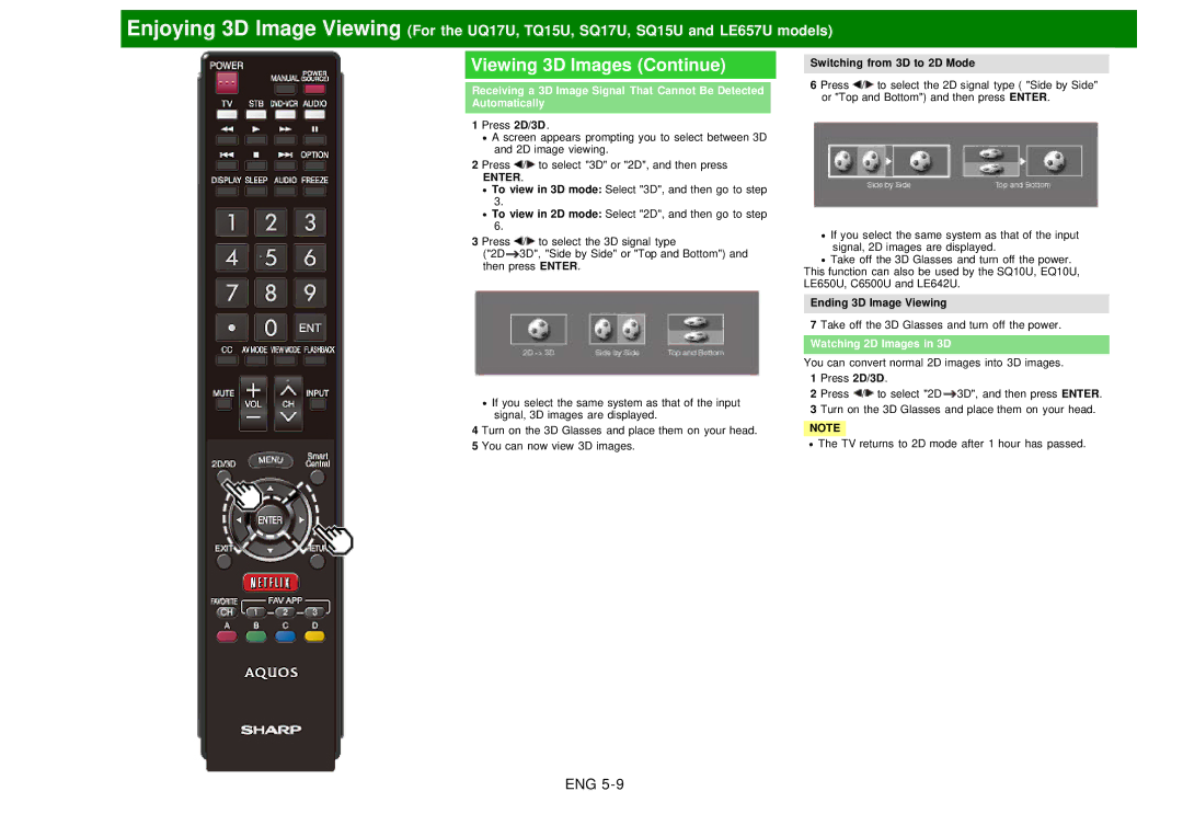 Sharp LC60EQ10U manual Viewing 3D Images Continue, Watching 2D Images in 3D 