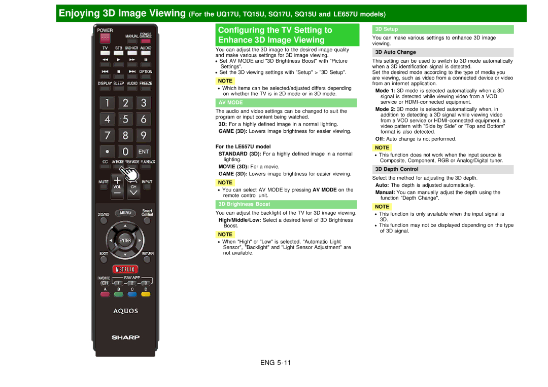 Sharp LC60EQ10U manual Configuring the TV Setting to Enhance 3D Image Viewing, 3D Brightness Boost, 3D Setup 