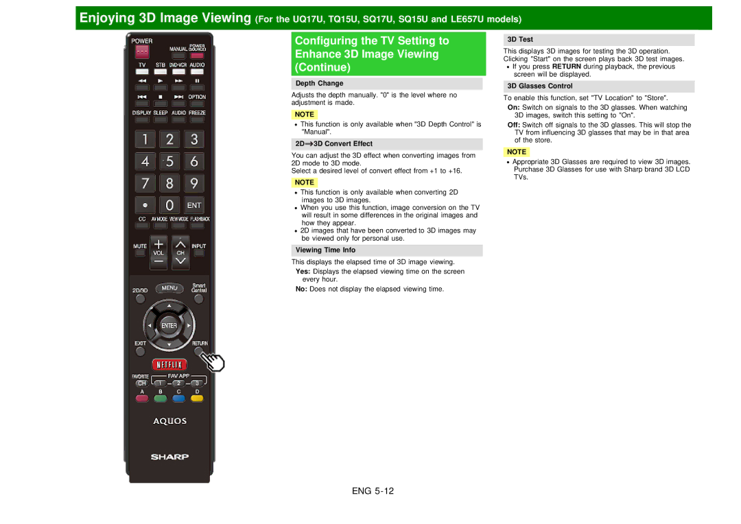 Sharp LC60EQ10U manual Depth Change, 2D 3D Convert Effect, Viewing Time Info, 3D Test, 3D Glasses Control 