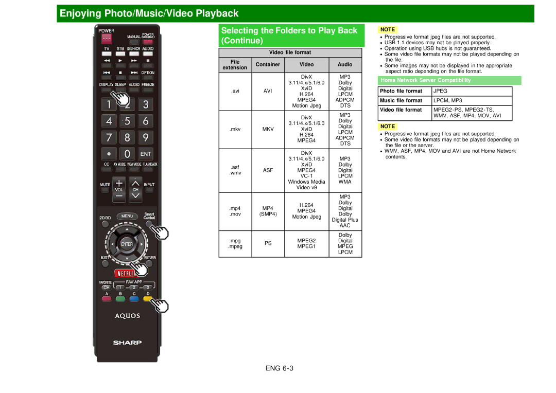 Sharp LC60EQ10U manual Selecting the Folders to Play Back Continue, Home Network Server Compatibility 