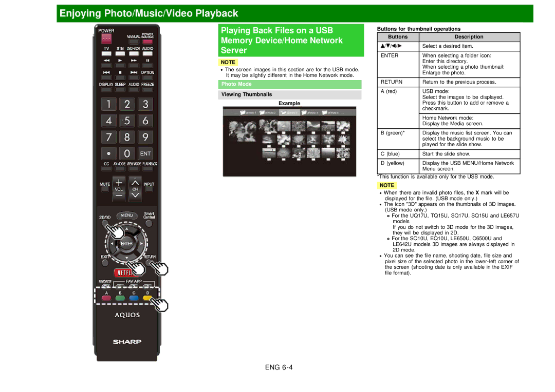 Sharp LC60EQ10U manual Photo Mode, Enter, Return 