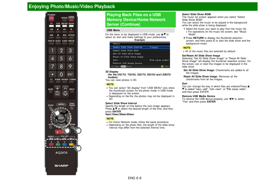 Sharp LC60EQ10U manual USB Menu, Select Slide Show Interval, 5sec/10sec/30sec/60sec, Select Slide Show BGM 