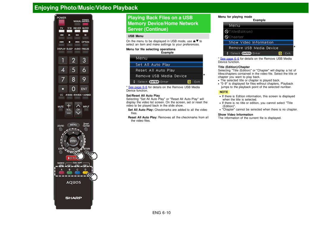 Sharp LC60EQ10U manual Menu for file selecting operations Example, Menu for playing mode Example, Title Edition/Chapter 