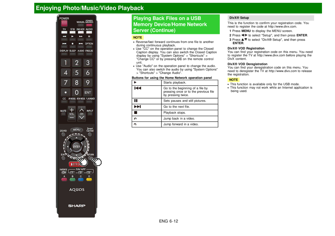 Sharp LC60EQ10U manual Buttons for using the Home Network operation panel, DivX Setup 