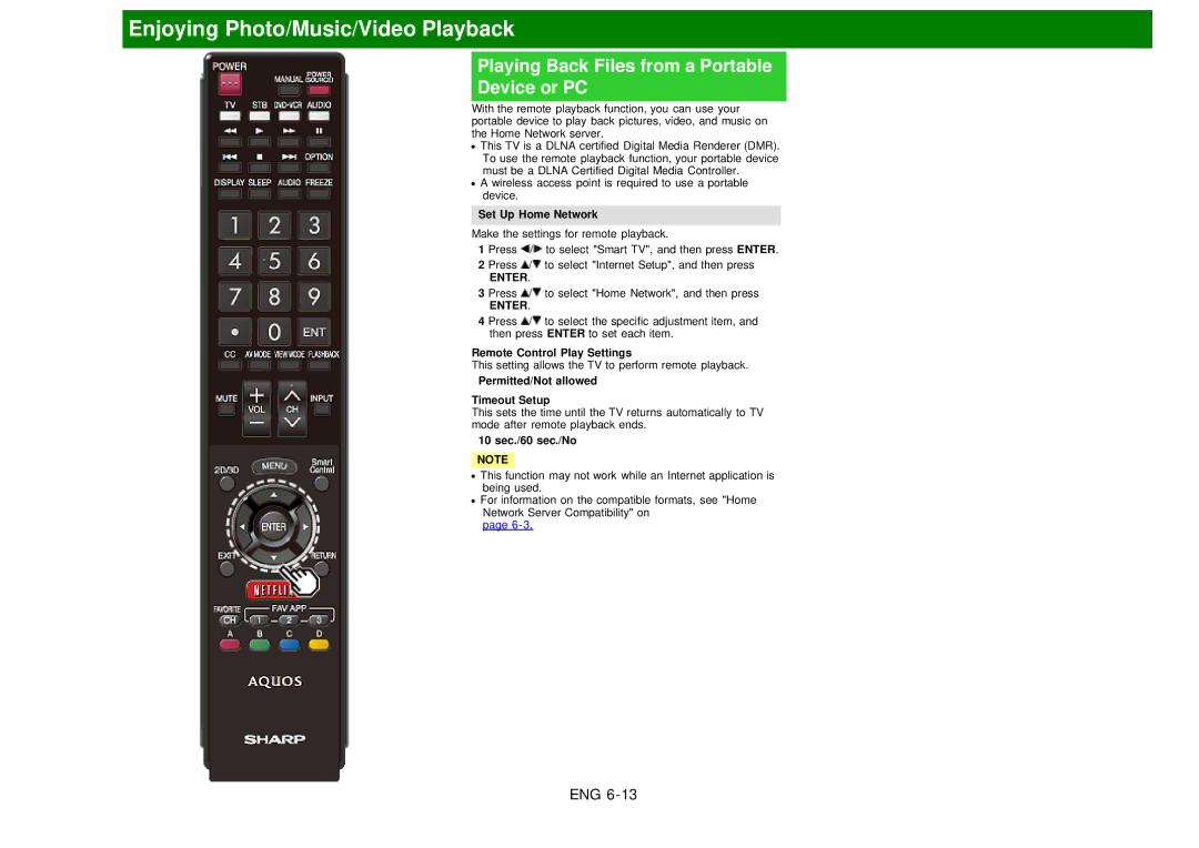 Sharp LC60EQ10U manual Playing Back Files from a Portable Device or PC, Set Up Home Network, Remote Control Play Settings 