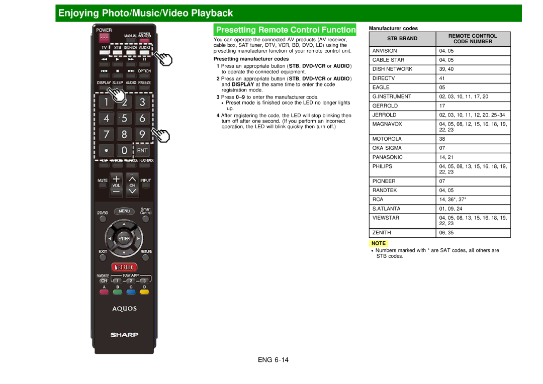 Sharp LC60EQ10U manual Presetting Remote Control Function, Presetting manufacturer codes, Manufacturer codes 