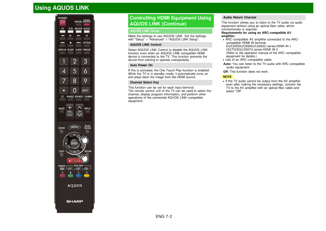 Sharp LC60EQ10U manual Controlling Hdmi Equipment Using Aquos Link Continue, Aquos Link Setup 