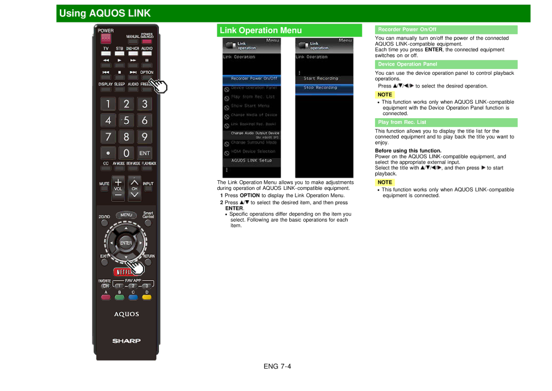 Sharp LC60EQ10U manual Link Operation Menu, Recorder Power On/Off, Device Operation Panel, Play from Rec. List 