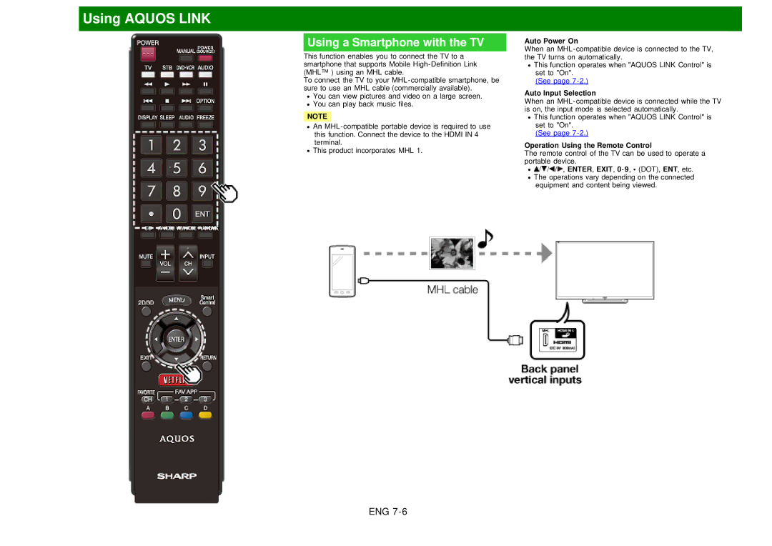 Sharp LC60EQ10U manual Using a Smartphone with the TV, Auto Input Selection, Operation Using the Remote Control 