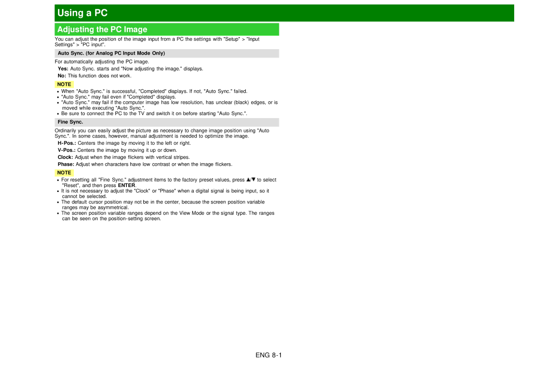 Sharp LC60EQ10U manual Using a PC, Adjusting the PC Image, Auto Sync. for Analog PC Input Mode Only, Fine Sync 