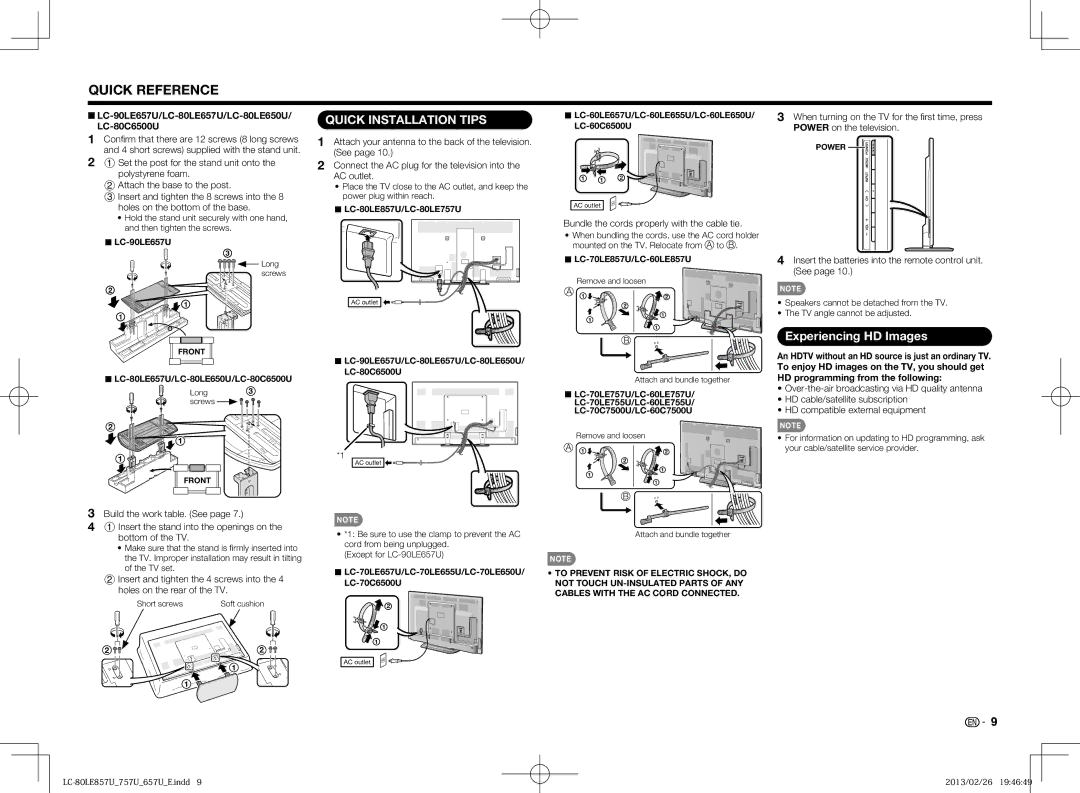 Sharp LC80LE650U, LC70LE650U, LC60LE650U Experiencing HD Images, LC-90LE657U/LC-80LE657U/LC-80LE650U/ LC-80C6500U 