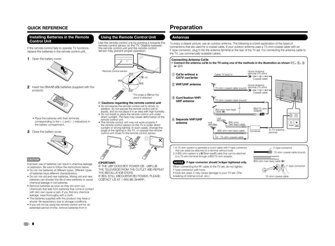 Sharp LC70LE650U Preparation, Installing Batteries in the Remote Control Unit, Using the Remote Control Unit, Antennas 