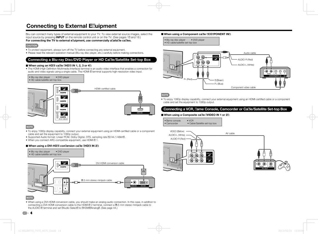 Sharp LC70LE857U, LC70LE650U, LC60LE650U Connecting to External Equipment, When using an Hdmi cable Hdmi in 1, 2, 3 or 