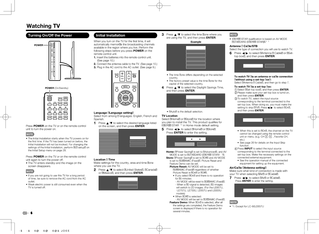 Sharp LC-60LE857U, LC70LE650U, LC60LE650U, LC70LE757U, LC60LE857U Watching TV, Turning On/Off the Power, Initial Installation 