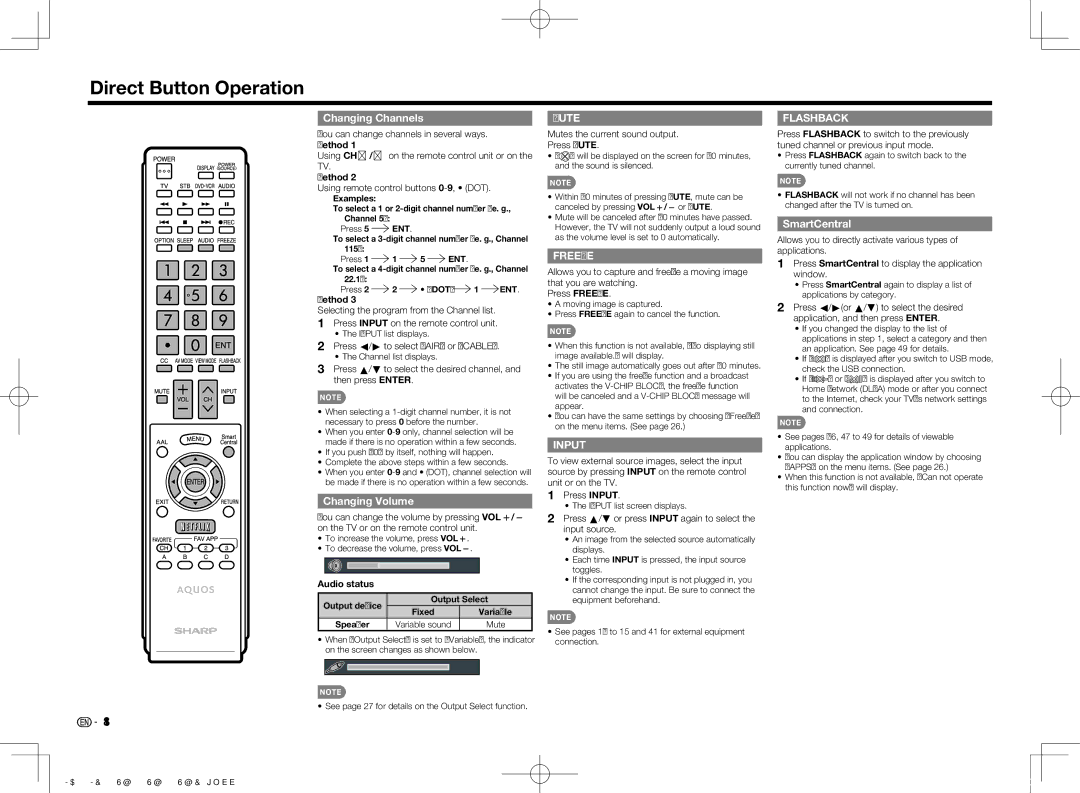 Sharp LC-80LE757U, LC70LE650U, LC60LE650U Direct Button Operation, Changing Channels, Changing Volume, SmartCentral 