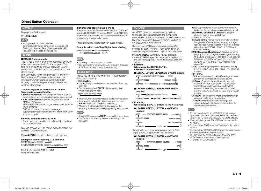 Sharp LC80LE857U, LC70LE650U, LC60LE650U, LC70LE757U, LC60LE857U, LC70LE857U, LC60LE757U Direct Button Operation, Sleep Timer 
