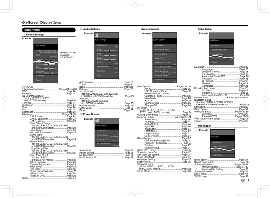 Sharp LC60LE650U, LC70LE650U, LC70LE757U, LC60LE857U, LC70LE857U, LC60LE757U, LC-60LE857U On-Screen Display Menu, Menu Items 