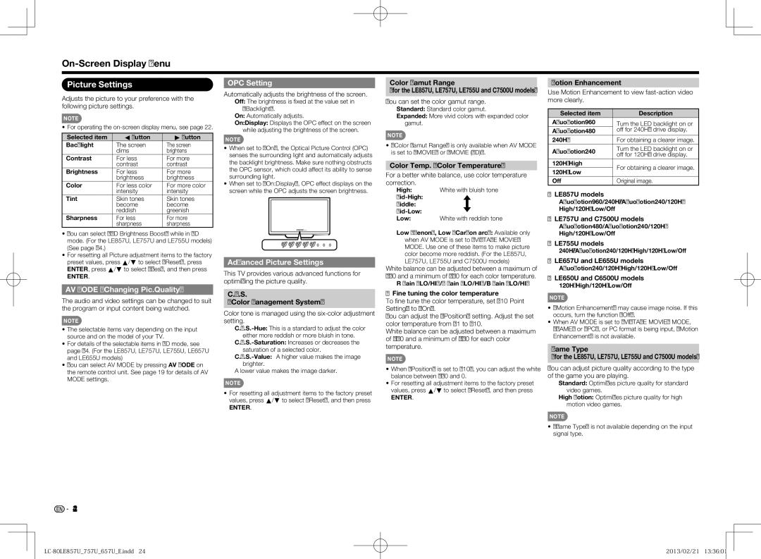 Sharp LC70LE757U, LC70LE650U, LC60LE650U AV Mode Changing Pic.Quality, OPC Setting, Advanced Picture Settings 