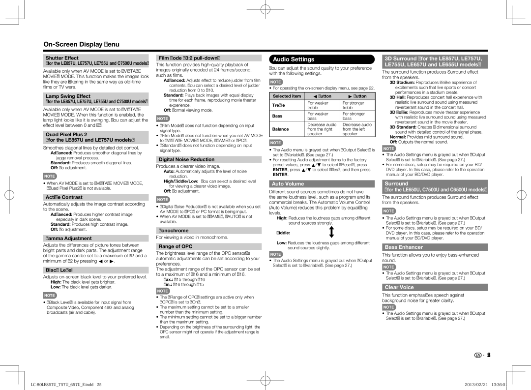 Sharp LC60LE857U, LC70LE650U Audio Settings, Auto Volume, Surround For the LE650U, C7500U and C6500U models, Bass Enhancer 