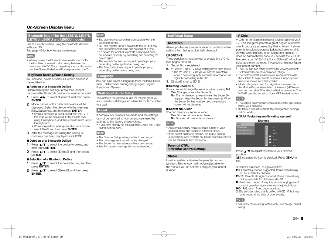 Sharp LC-80LE857U, LC70LE650U, LC60LE650U, LC70LE757U, LC60LE857U Language, Wall Mount Audio Setup, Reset, Individual Setup 