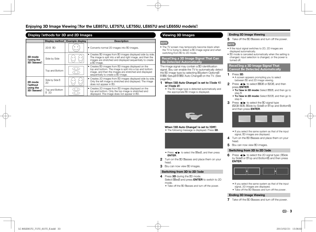 Sharp LC80LE650U, LC70LE650U Display Methods for 3D and 2D Images, Viewing 3D Images, Switching from 3D to 2D Mode 