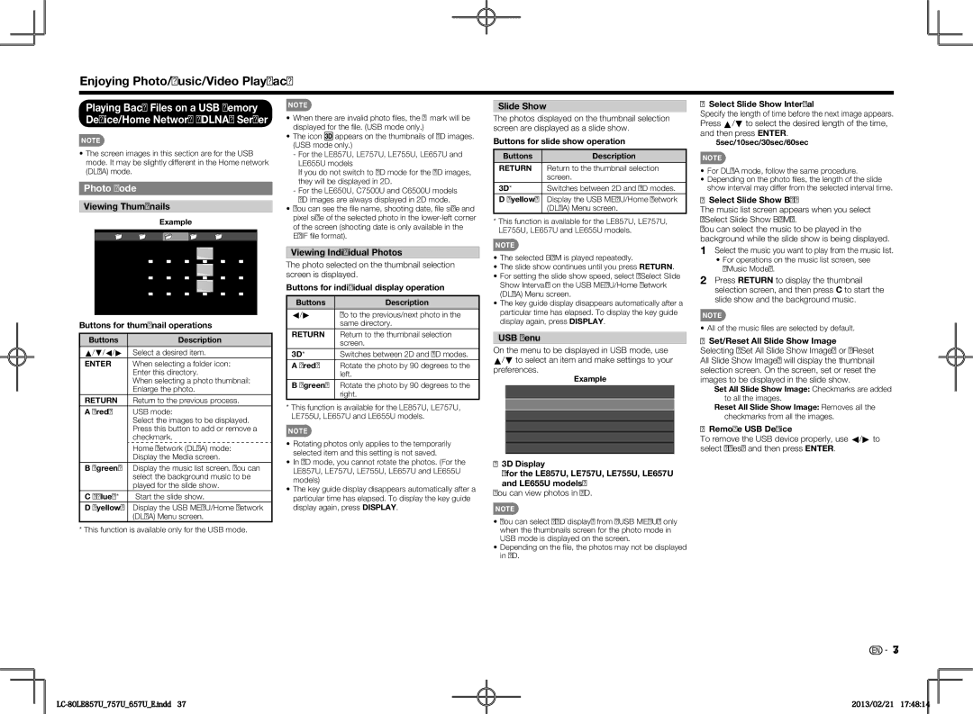 Sharp LC60LE857U, LC70LE650U, LC60LE650U Photo Mode, Viewing Thumbnails, Viewing Individual Photos, Slide Show, USB Menu 