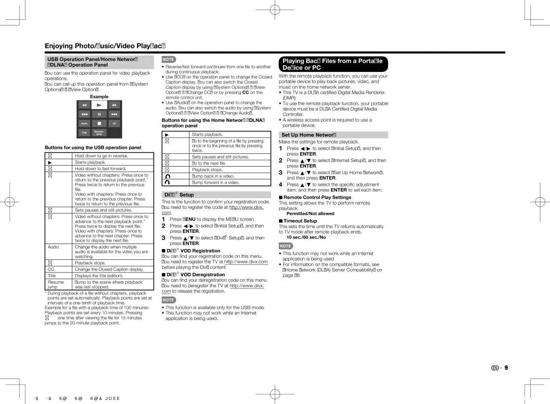 Sharp LC60LE757U Playing Back Files from a Portable Device or PC, USB Operation Panel/Home Network Dlna Operation Panel 