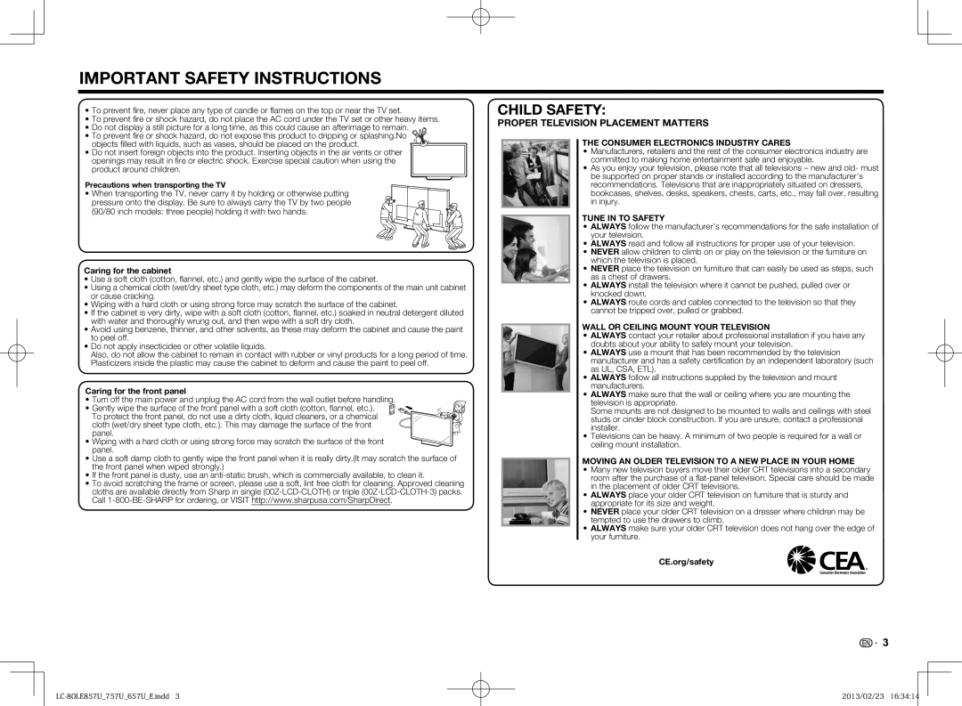 Sharp LC60LE757U, LC70LE650U Consumer Electronics Industry Cares, Tune in to Safety, Wall or Ceiling Mount Your Television 