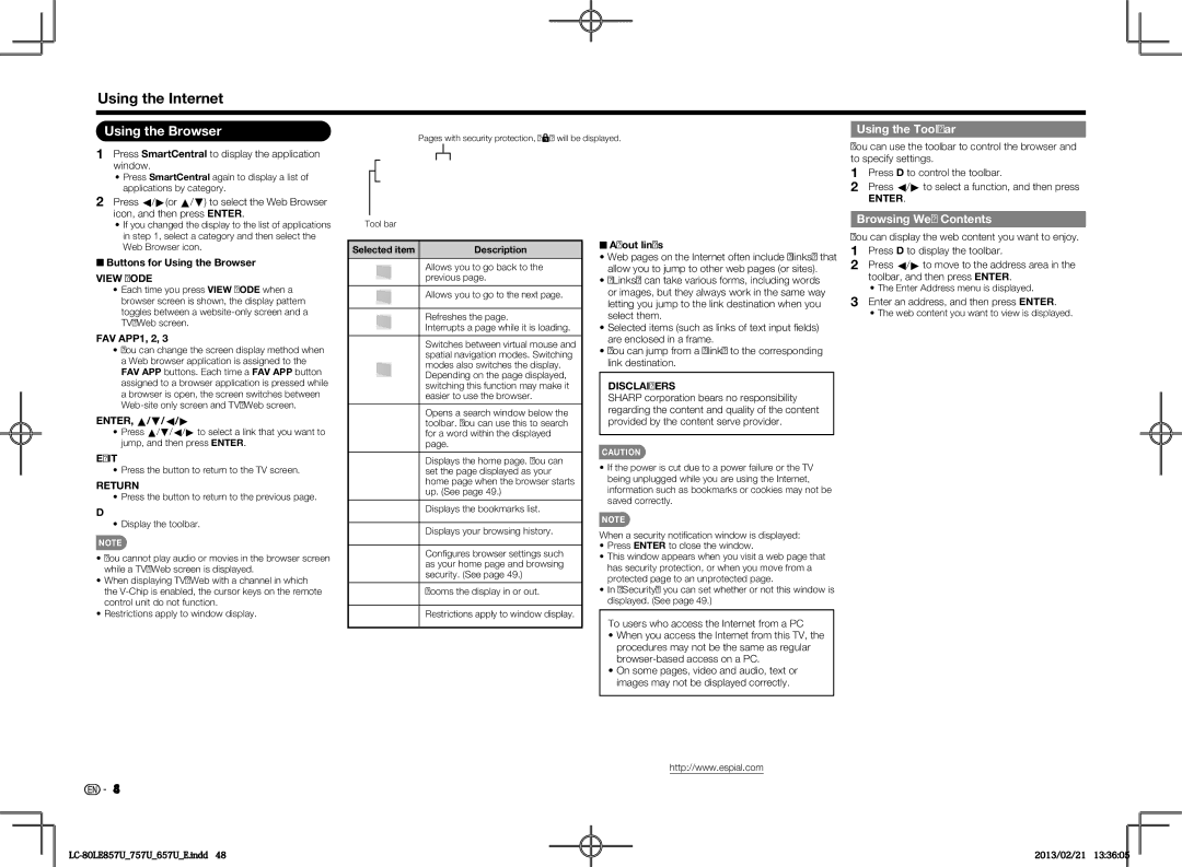 Sharp LC70LE757U, LC70LE650U, LC60LE650U, LC60LE857U, LC70LE857U Using the Browser, Using the Toolbar, Browsing Web Contents 