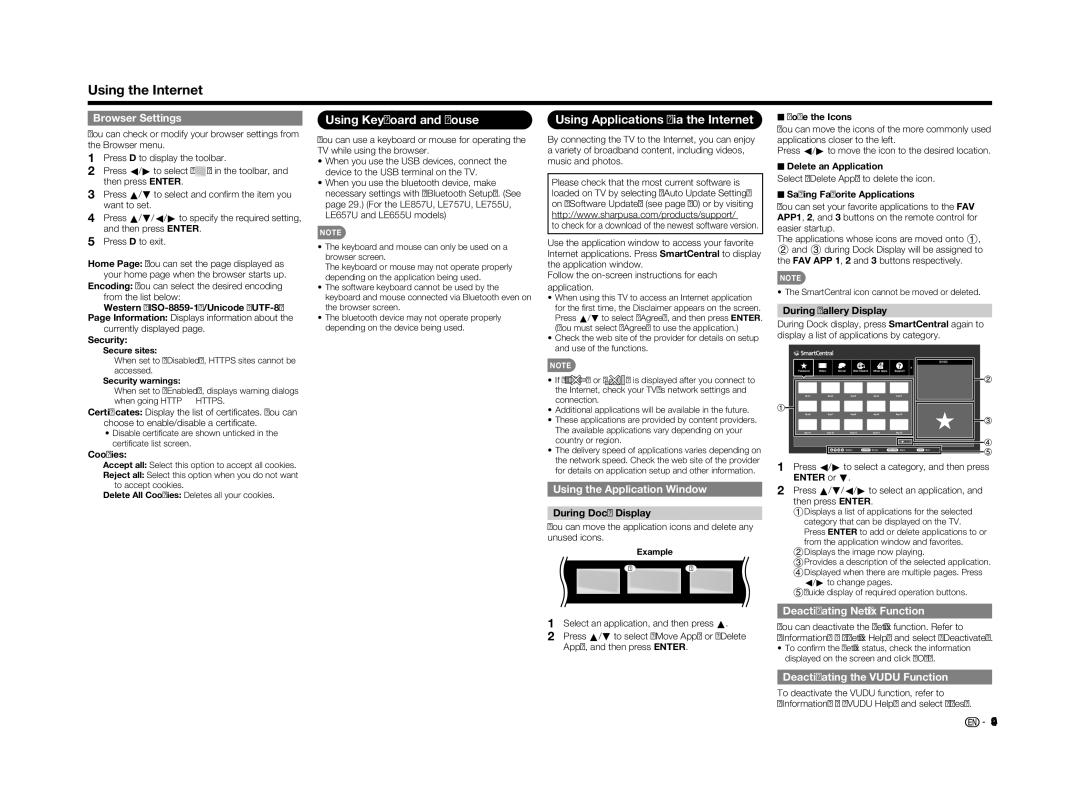 Sharp LC60LE857U, LC70LE650U, LC60LE650U, LC70LE757U Using Keyboard and Mouse, Using Applications via the Internet 