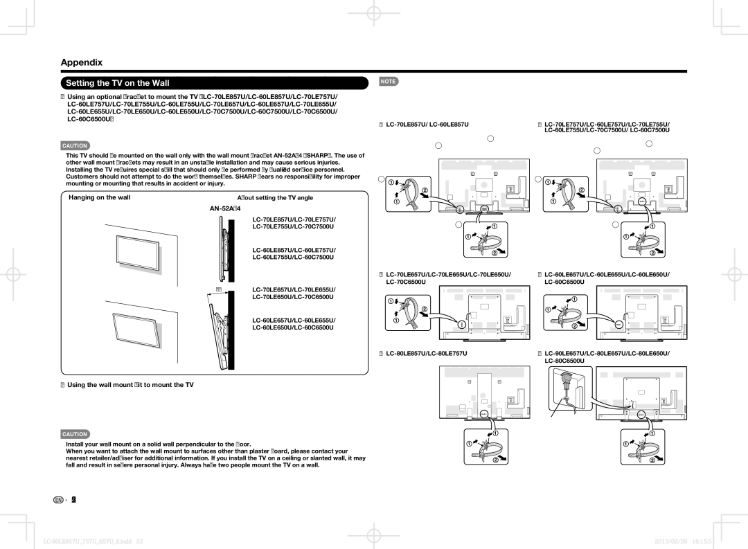 Sharp LC-60LE857U, LC70LE650U, LC60LE650U, LC70LE757U, LC60LE857U, LC70LE857U, LC60LE757U Appendix, Setting the TV on the Wall 