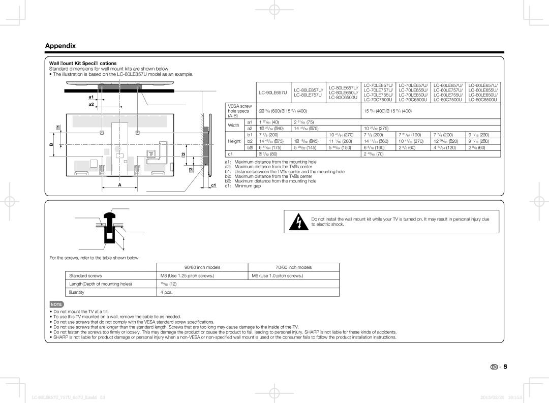 Sharp LC-80LE857U, LC70LE650U, LC60LE650U, LC70LE757U, LC60LE857U, LC70LE857U Wall Mount Kit Speciﬁcations, Wall Mount KIT 