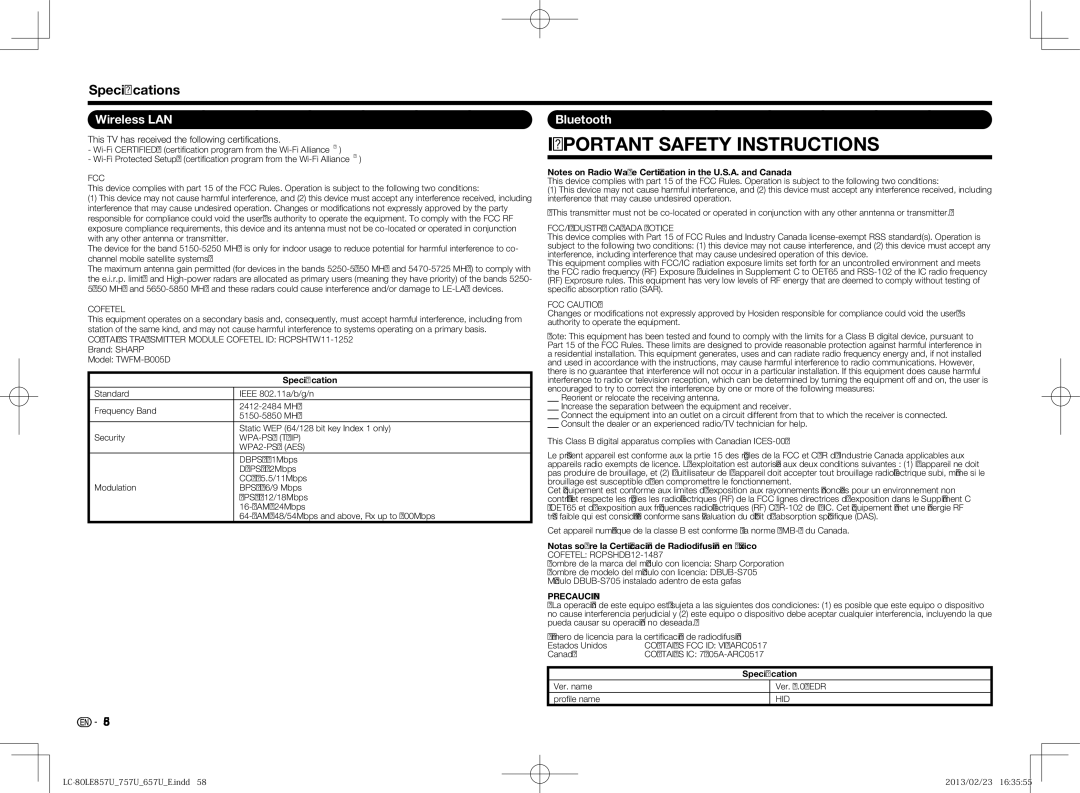 Sharp LC70LE650U Wireless LAN, Bluetooth, Speciﬁcation, Notas sobre la Certiﬁcación de Radiodifusión en México, Precaución 