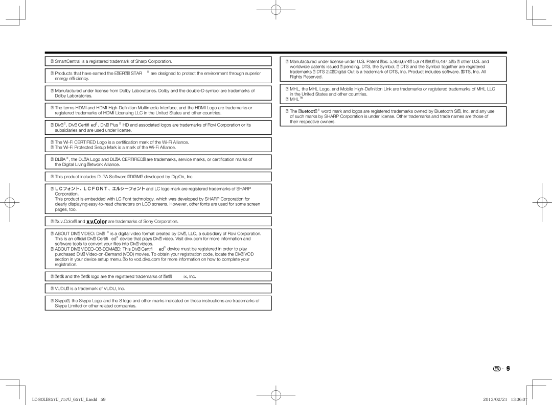 Sharp LC60LE650U, LC70LE650U, LC70LE757U, LC60LE857U, LC70LE857U, LC60LE757U, LC-60LE857U, LC-80LE857U Trademarks, Mhltm 