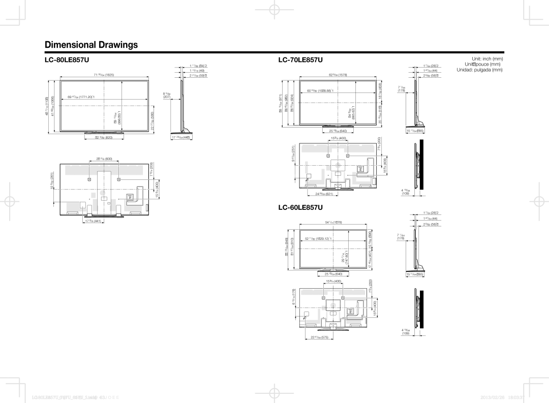 Sharp LC60LE857U, LC70LE650U, LC60LE650U, LC70LE757U, LC70LE857U Dimensional Drawings, LC-80LE857U, LC-70LE857U, LC-60LE857U 