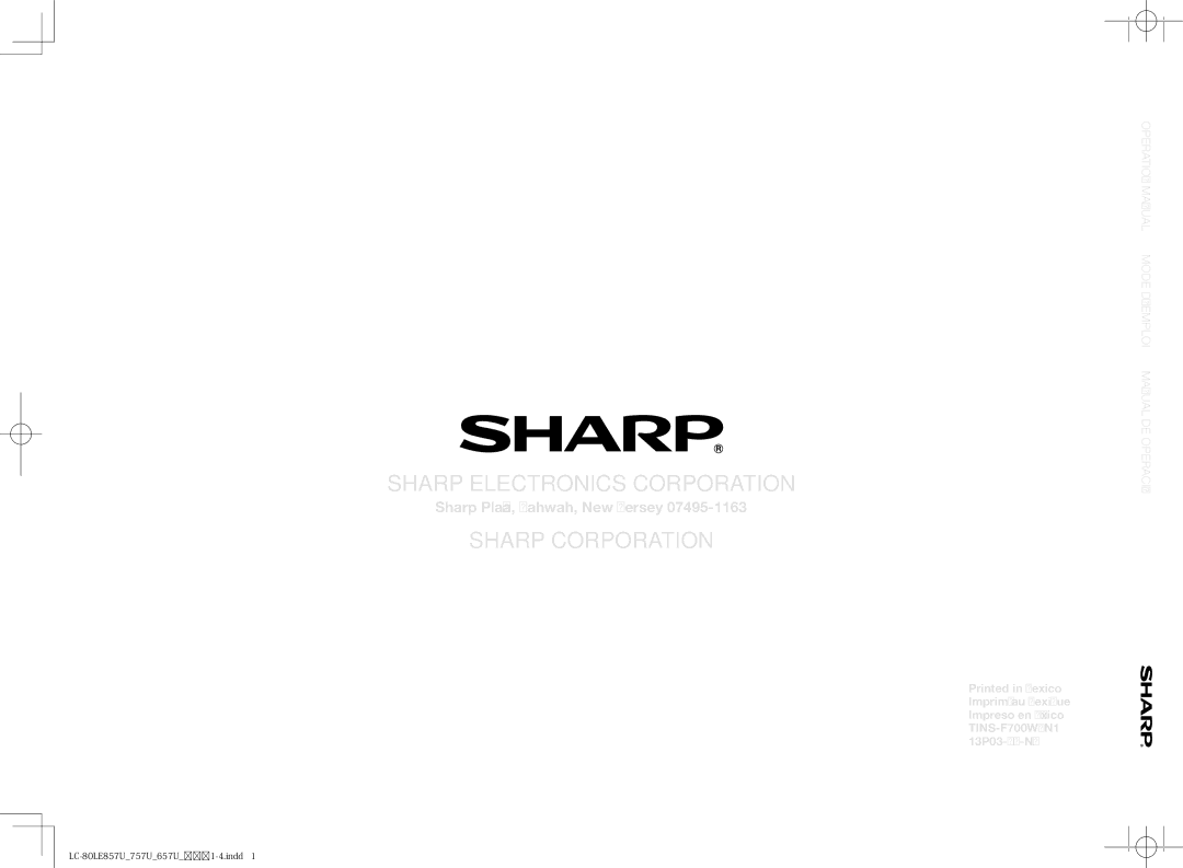 Sharp LC-60LE857U, LC70LE650U, LC60LE650U, LC70LE757U, LC60LE857U, LC70LE857U, LC60LE757U Sharp Electronics Corporation 