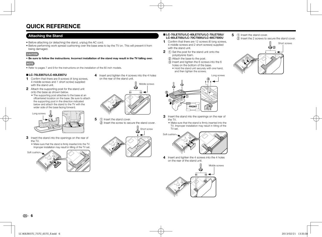 Sharp LC-80LE757U Attaching the Stand, LC-70LE857U/LC-60LE857U, Insert the stand into the openings on the rear Make 