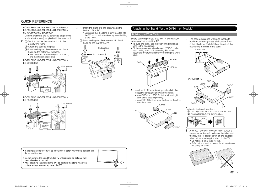 Sharp LC80LE857U, LC70LE650U Attaching the Stand for the 90/80 Inch Models, Building the Work Table, LC-90LE657U 