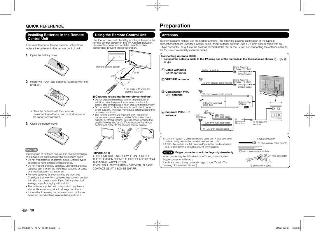 Sharp LC-60LE757U Preparation, Installing Batteries in the Remote Control Unit, Using the Remote Control Unit, Antennas 